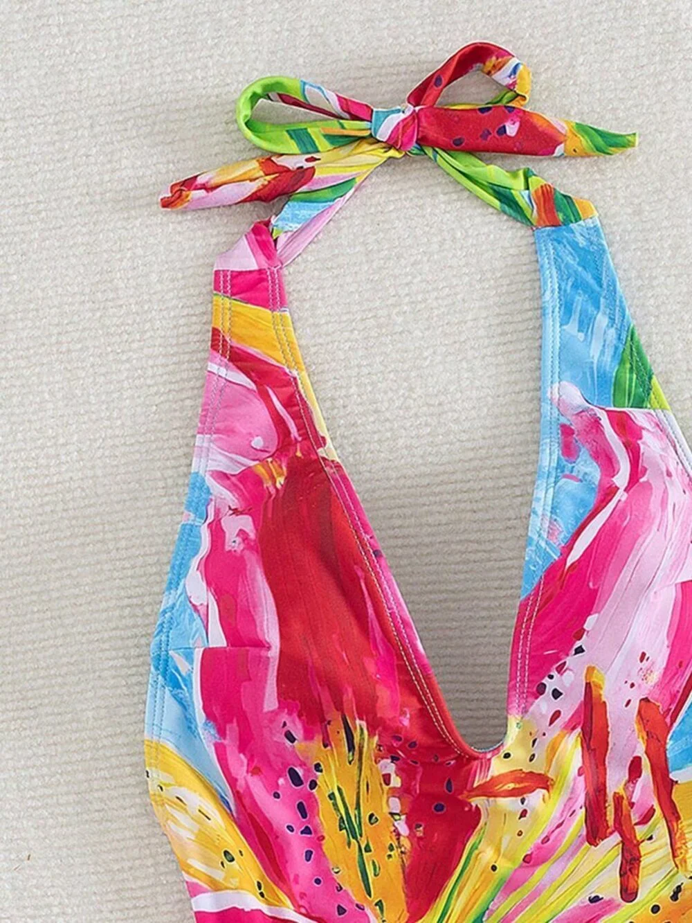 Multicolor Boho Sexy V-Neck Floral Print Halter Women's One-Piece Swimsuit